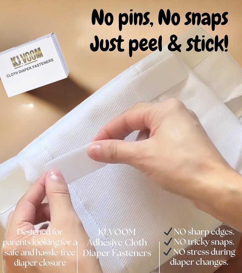KJ.VOOM Adhesive Cloth Diaper Fasteners – Peel-Stick-Adjust | Replaces Diaper Pins & Snaps | Hook-&-Loop Tabs for Prefolds & Flats | Baby-Safe, Travel-Friendly | (2 Rolls + 100 Sheets) - Image 2